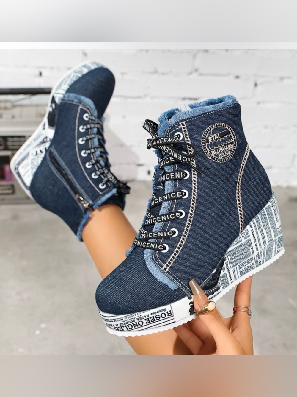 Denim Dark Wash Lace-Up Wedge Ankle Boots - 41 (10)